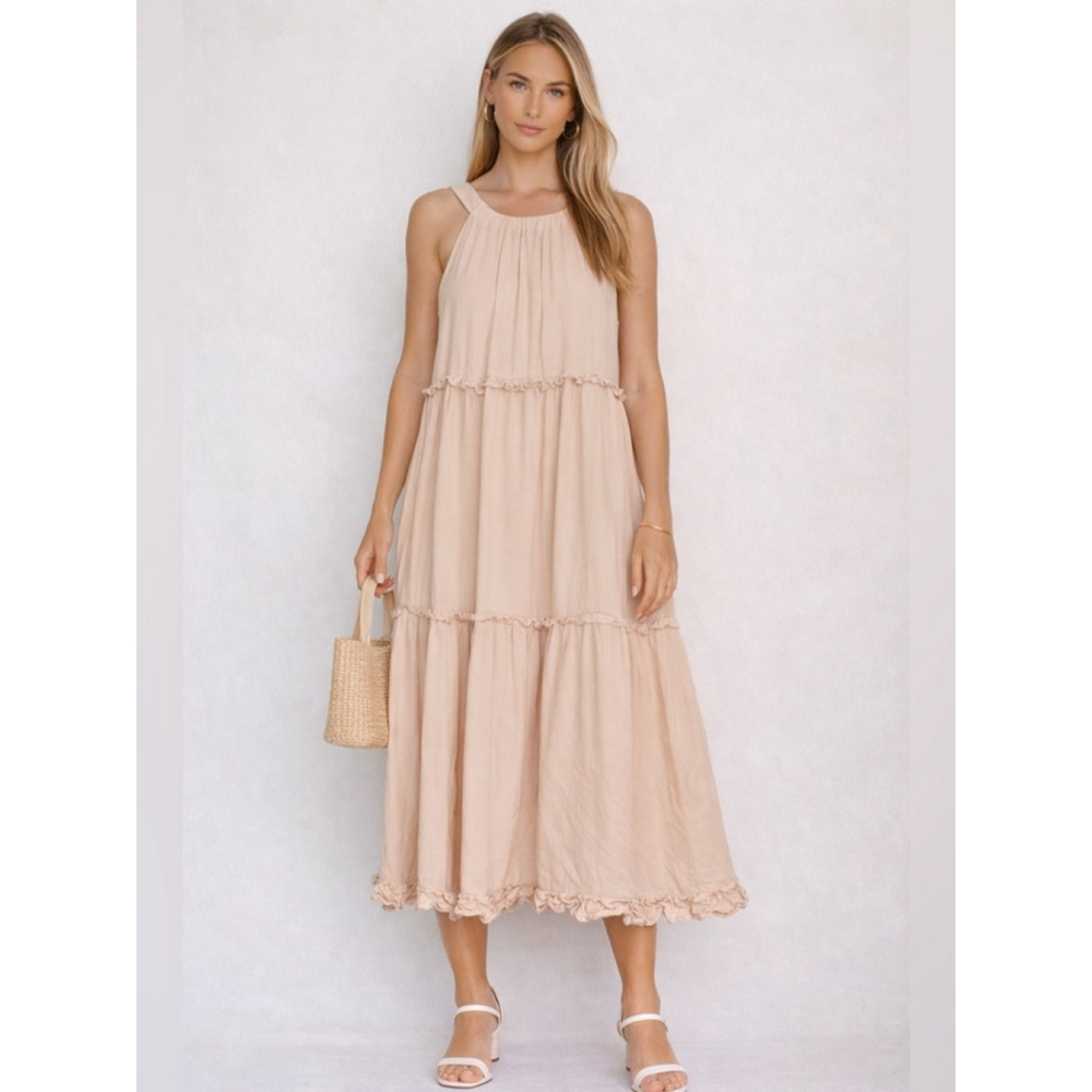 Hayden Blush Tiered Midi Dress Small Soft Boho Romantic Flowy Dress